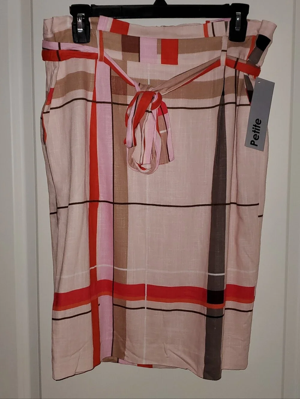 Pink Plaid Tie-Waist Midi Skirt Anne Taylor, 12P, Pink